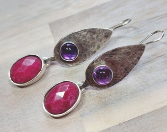 Ruby and Amethyst Silver Dangle Earrings,Sterling Stone Drops, Handmade Rosecut Stone Earrings, Dangle Trends, Artisan Gift for Her