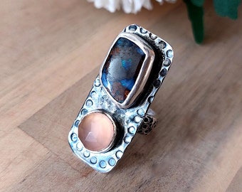 Bohemian Stone Ring, Rectangle Ring, Sterling Stone Ring, Natural Opal Ring, Rectangle Stone Jewelry, Opal Chalcedony Ring, Woman's Ring