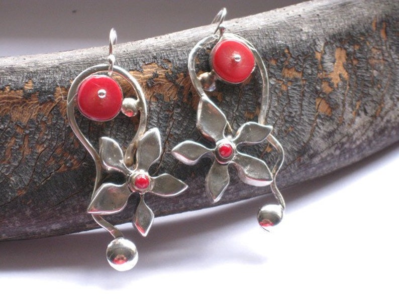 Silver Coral Earrings, Dangle Earrings, Red Stone Earrings, Handmade Earrings, Statement Earrings, Bohemian Jewelry, Gift for Mom image 1