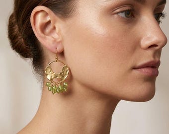 18K Gold Peridot Dangle Earrings, Hand-Hammered Brass, Artisan Jewelry