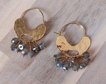 18K Gold Filled Hoop Earrings with Labradorite Drops – Handmade Organic Dangle Hoops