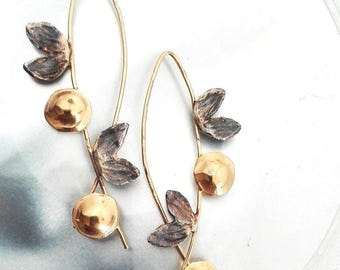 Blackened Sterling Silver Branch Earrings: Gold Vermeil Floral Dangles