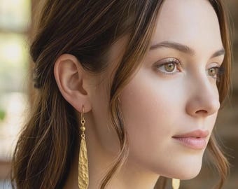 Long Gold Leaf Earrings, Hammered Botanical Dangles with Sterling Silver Ear Wires