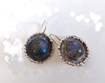 Natural Stone Earrings, Labradorite Dangles, Silver Stone Earrings, Solid 925 Sterling, Antique Design, Handmade Earrings, Statement Dangle