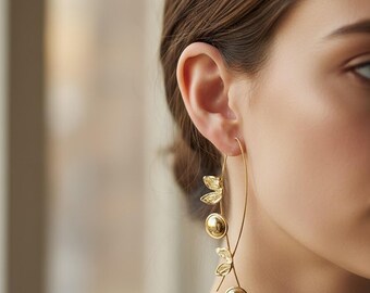 Handmade Gold Leaf Dangle Earrings, Gold over Sterling Silver Botanical Statement Jewelry