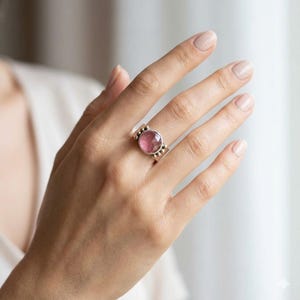 Artisan Cherry Quartz Ring: Sterling Silver & 14k Gold Granules