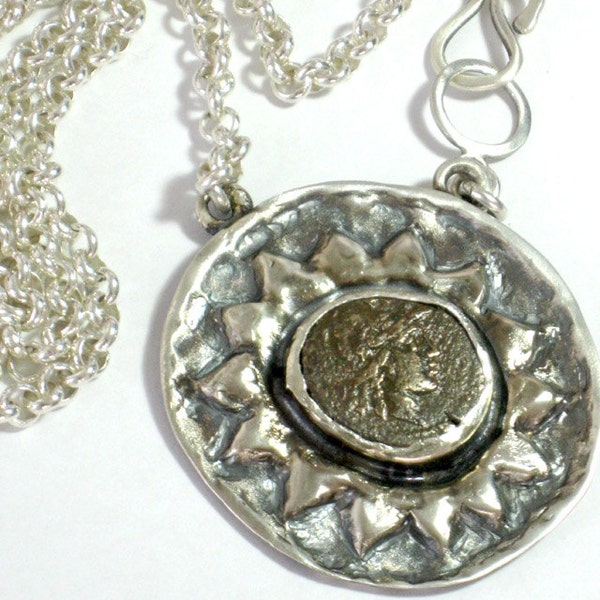 RESERVED - Authentic Ancient Greek Coin Necklace -  Oversized Hammered Silver Pendant - Bronze Athena Coin necklace -Two Sided Necklace