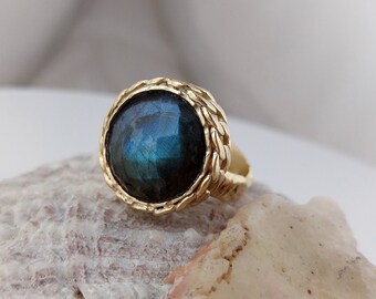 18K Gold Filled Labradorite Ring, Round Rose Cut Statement Jewelry