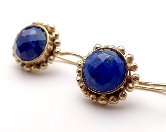 Granulated Gold Lapis Lazuli Earrings, Handmade Antique Inspired Blue Gemstone Dangles