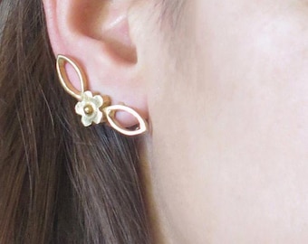 Handgemachte 18k Gold Vermeil Blumen Ohrmanschette: Sterling Silber Ohrstecker