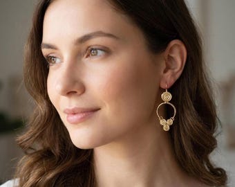 18K Gold Spiral Dangle Earrings: Handmade Bohemian Jewelry