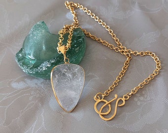 Gold Quartz Necklace, Pendant Necklace, Quartz Pendant, Gold Filled Chain, Triangle Pendant, Clear Stone Jewelry, Christmas Gift