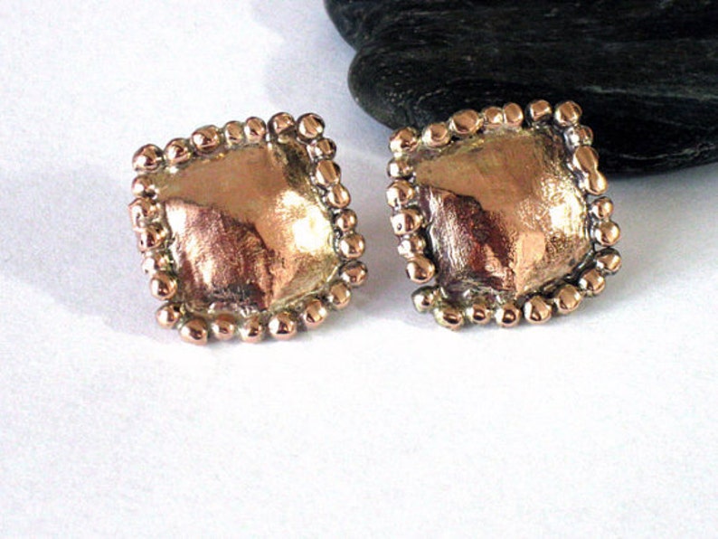 Handmade 18K Rose Goldfilled Square Studs: Granulated Earrings image 3