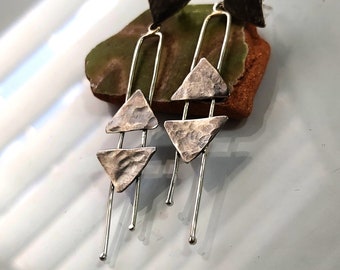 Long Dangle Earrings, Triangle Earrings, Geometric Dangles, Statement Jewelry, Long Earrings, 925 Solid Silver, Boho Earrings