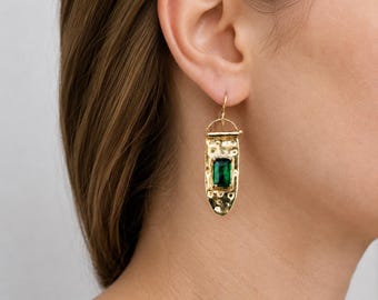 Handmade Emerald Dangle Earrings, 18K Gold Plated May Brthstone Jewelry for Women