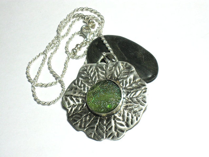 Pendant Necklace Silver Chain Sterling Necklace Glass pendant,Hammered Necklace Gifts for Women Ancient Glass Necklace Textured Silver