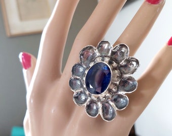 Handmade Sterling Silver Kyanite Flower Ring, Large Sculptural Blue Gemstone Statement Ring