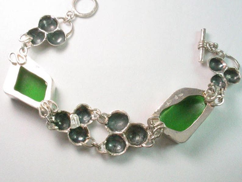 Silver Link Bracelet,Seaglass ,Hammered Bracelet,Link Silver Jewelry,Silver Seaglass,Artisan,Jewelry trends,Gift for Her image 5