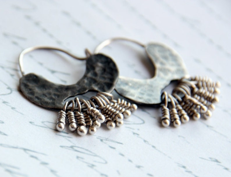 Silver Hoop Earrings, Hoop With Dangles, Bohemian Hoop Earrings, Nature Earrings Gift, Boho Jewelry Hoops, Boho Jewelry Trends, Gift for Her image 1