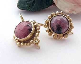 Rhodonite Gold Earrings, Antique Earrings, Pink Stone Gold, 18K Gold Filled, Handmade Dangles, Statement Drop Earrings, Gemstone Jewelry