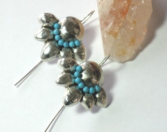 Turquoise Earrings, Turquoise Dangles, Silver Flower Earrings, Handmade Sterling, Solid 925 Silver, December Jewelry, Jewelry Trends