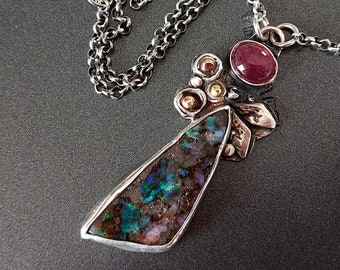 Bi Color Necklace, Opal Tourmaline Pendant, Two Stone Silver Gold, Statement Necklace, 925 Solid Silver, 14K Solid Gold, Gemstones Pendant