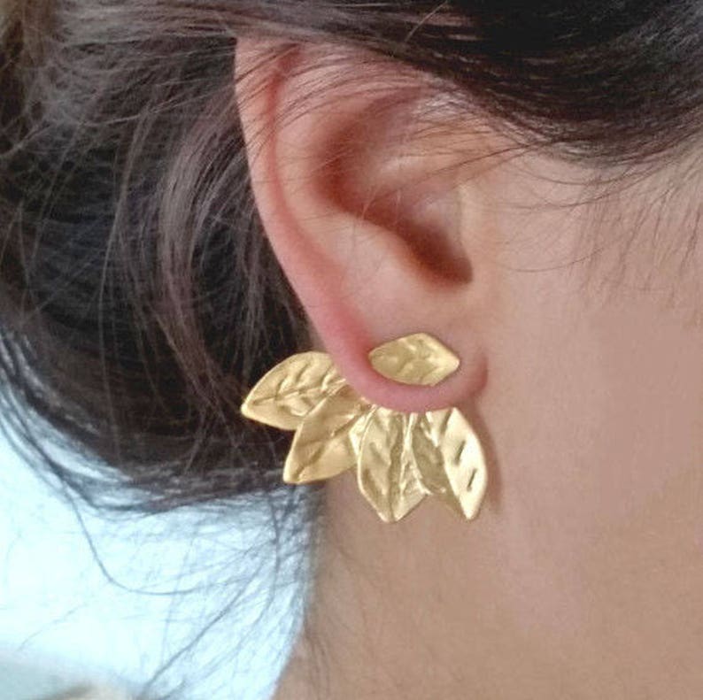 Ear Jacket Earrings, Ear Jackets Gold, Gold Jacket Earrings, Ear Cuff Jacket, Ear Pins, Two in One Ear Jackets, Leaf Ear Climbers, For Her image 1