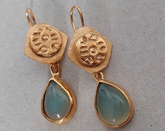 Handmade Aventurine Dangle Earrings: Yellow 18K Gold  Antique Style