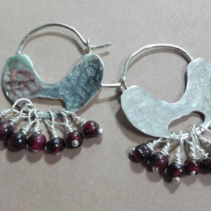 Hammered Sterling Silver Garnet Hoop Earrings: Handmade Dangle Jewelry