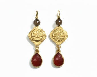 Handmade Carnelian Drop Earrings: Gold Dangles, Artisan Boho Dangle