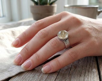 Rutilated Quartz Statement Ring, Handmad Textured Sterling Silver Jewelry, Made to Order
