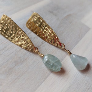 Aquamarine Earrings, Gold and Aquamarine, 18K Gold Vermeil, Statement Handmade, Gold Stud Earrings, March Jewelry, Hammered Jewelry. image 5