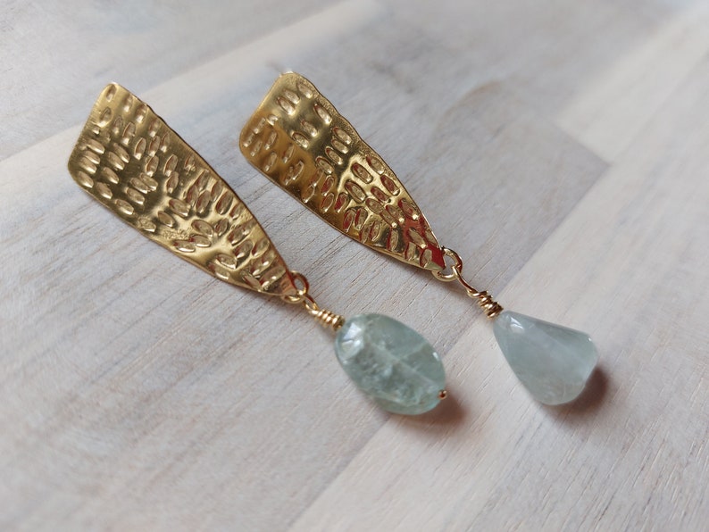 Aquamarine Earrings, Gold and Aquamarine, 18K Gold Vermeil, Statement Handmade, Gold Stud Earrings, March Jewelry, Hammered Jewelry. image 5