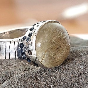 Rutilated Quartz Ring: Sterling Silver Bezel, Hammered Band