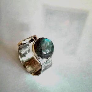 Labradorite Sterling Silver Open Ring: Hammered Spiral Cuff