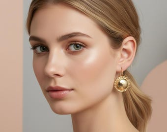 Gold  Hammered Circle Earrings, Handmade Dangle Jewelry, Textured Gold Disc Drop