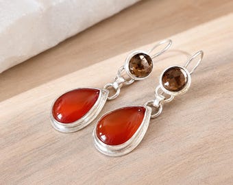 Carnelian  & Smoky Quartz Earrings, Handmade Sterling Silver Teardrop Dangle Earrings