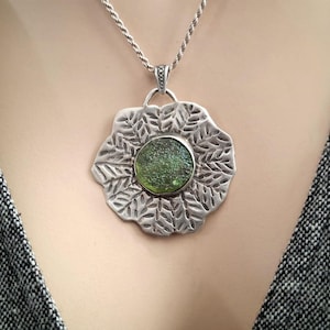Handmade Sterling Silver Roman Glass Pendant Necklace: Textured Leaf Design