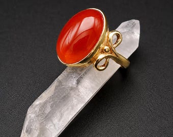 Carnelian Ring, Handmade Gold Jewelry, Oval Gemstone, 18KK Gold Finish, Artisan Statement