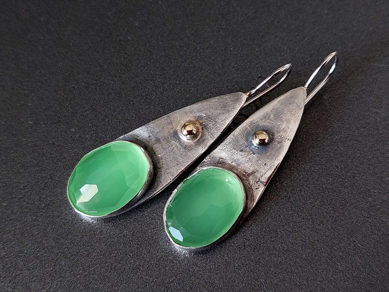 Green Earrings, Silver Gold Earrings, Sterling Gold Dangles, Teardrop Earrings, Green Stone Jewelry, Drop Stone Earrings, Holiday Gift image 7