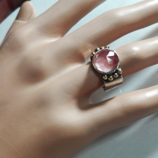 Pink Stone Ring,Silver Gold Ring,Two Tones Ring,Cherry Quartz,Sterling Silver,Solid 14k Gold,Artisan Quartz Ring,Ring Trends,Gift4Her