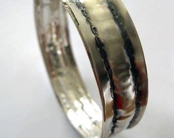 Hammered Sterling Silver Bangle Bracelet: Handmade Wide Statement Jewelry
