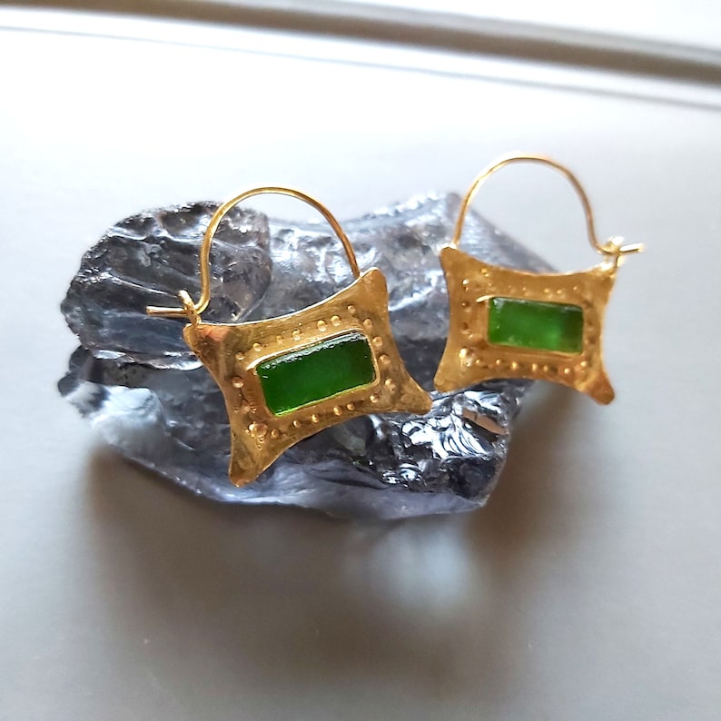 Green Glass Earrings, Gold Sea Glass Hoops, Rustic Handmade, Sea Glass Jewelry, Artisan Earrings, Gift for Her image 10