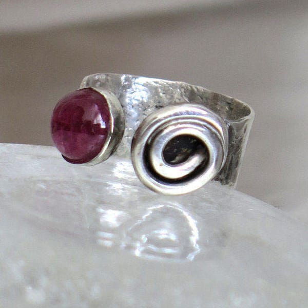 Open Stone Ring, Sterling Tourmaline, Spiral Ring, Ring Trends, Wide Band,  Unique Stone Ring, Stone and Spiral, Hammered Jewelry, Ring Gift