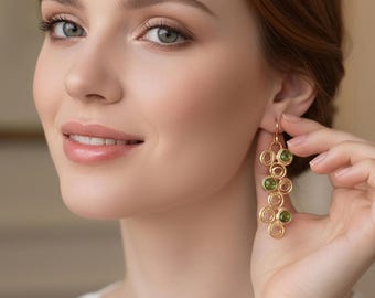 Gold Peridot Dangle Earrings: Artisan Handmade Boho Spiral Jewelry