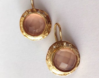 Gold Pink Earrings, Pink Chalcedony Earrings, Handmade Earrings, Everyday Dangles, 18K Vermeil Earrings, Chalcedony Jewelry, Sparkly Dangles