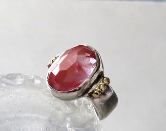 Sterling Silver and 14K Gold Ring with Cherry Quartz Stone -  Handmade Textured Mixed Metal