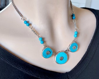 Turquoise Silver Necklace, Turquoise Bead Choker, Turquoise Hematite, Solid Silver Turquoise, Sterling Turquoise Chain, Statement Turquoise