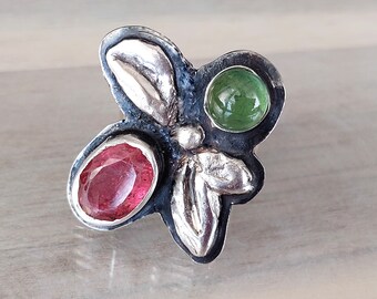 Pink and Green Stone Tourmaline Ring, Sterling Silver Bezel Ring,Handmade and Colorful Birthstone Ring,Gift For Her