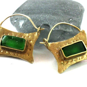 Green Glass Earrings, Gold Sea Glass Hoops, Rustic Handmade, Sea Glass Jewelry, Artisan Earrings, Gift for Her image 4